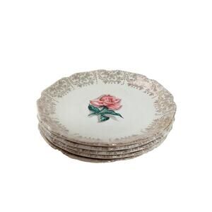 5 Vintage Sabin China Saucers Pink Rose Floral 22K Gold Filagree Rim Distressed